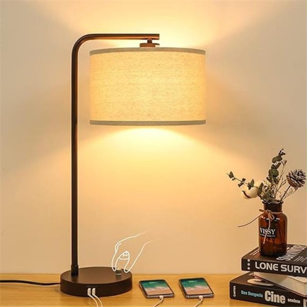 Side Table Lamp with Dual USB Ports,Dimmable Bedside Lamp Modern Nightstand Lamp